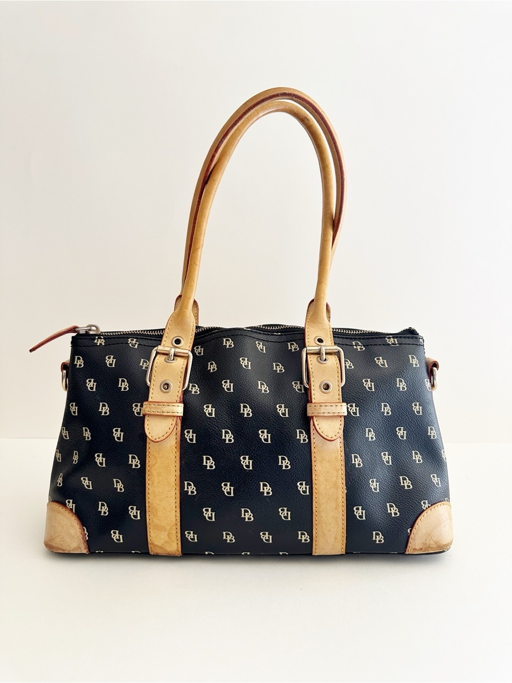 Dooney & Bourke y2k Black Boston Monogram Tan Leather Trim Satchel